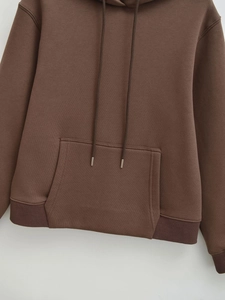 Detail view of brown hoodie featuring drawstring hood with metal tips and kangaroo pocket