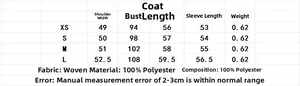 Size chart for women's soft polyester jacket showing measurements for XS S M and L sizes