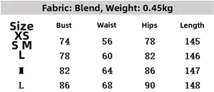 Detailed size chart with XS-L measurements for this slim fit stand collar long maxi dress