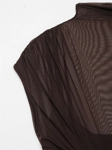 Detail of coffee brown sheer mesh fabric with elegant pleated high neck and sleeveless design