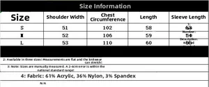 Size chart for long sleeve hooded knit jacket showing S, M, L measurements in CM