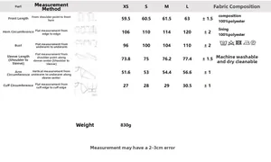 Detailed size chart for the PU jacket with measurements in cm for XS to L sizes