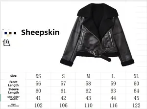 Size chart for women faux leather shearling jacket showing length and bust measurements