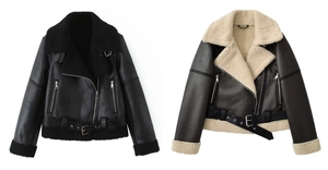 Detail view of shearling biker jackets in black and brown with faux fur lining and belts
