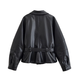 Detailed back view of a black PU leather jacket featuring a belted waist and raglan sleeves