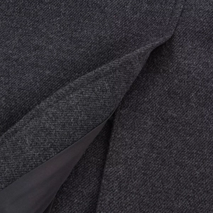 Macro shot of charcoal grey wool coat showing premium fabric texture and smooth lining