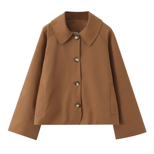 Detail of caramel trench jacket showing lapel collar, buttons, and plaid lining
