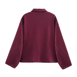 Back view of a deep wine red oversized wool blend zipper jacket for autumn winter fashion