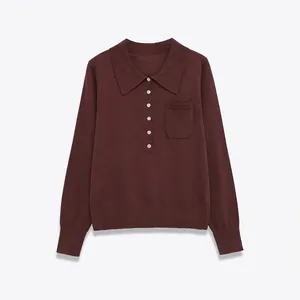 Maglione in Maglia da Donna Casual Collo a Polo Manica Lunga Pullover Tinta Unita Con Tasca Top Autunno Inverno