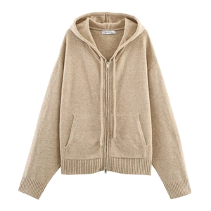 Detail view of oatmeal knitted hooded zip jacket with drawstring and front patch pockets