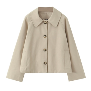 Detailed close-up of khaki short trench coat featuring lapel collar and single-breasted buttons