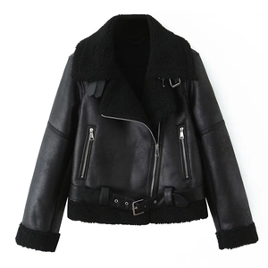 Detailed close-up of a black aviator jacket with fur collar and buckle strap details