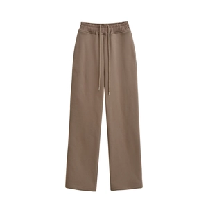 Detailed view of coffee brown wide-leg sweatpants with adjustable drawstring waistband