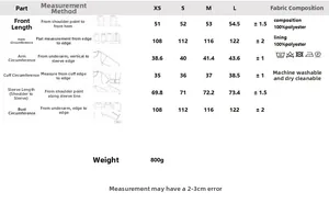 Detailed size guide and measurements chart for hooded long sleeve faux fur jacket