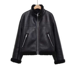 Women Aviator Faux Leather Jacket Shearling Lined Thick Warm Winter Coat Zipper Stand Collar Casual Outerwear Black