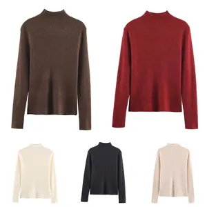 Women's Mock Neck Long Sleeve Ribbed Knit Sweater Slim Fit Solid Color Polyester Basic Pullover Top For Autumn Winter