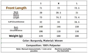 Size chart for casual batwing sleeve jacket with measurements for S, M, and L sizes