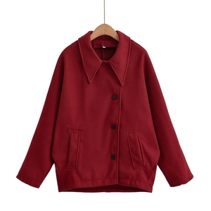 Women's burgundy batwing sleeve coat with oversized lapels and single-breasted buttons