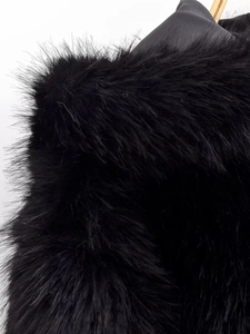 Detailed close-up of premium black faux fur texture with fluffy and soft long fibers