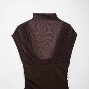 Slim fit deep brown sleeveless turtleneck top with mesh patchwork and ruched detail