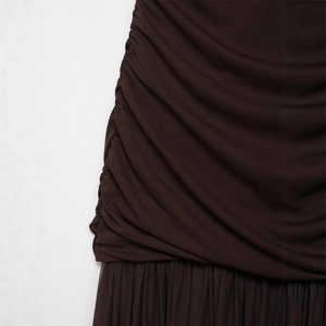Slim fit chocolate brown midi dress with side ruching and pleated hem detail