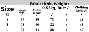 Size chart for knit cardigan showing shoulders, sleeve, bust and length measurements