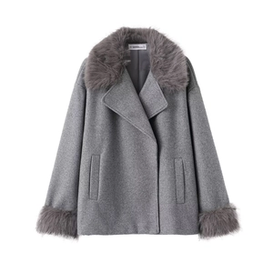 Women's Casual Grey Woolen Coat With Faux Fur Collar And Cuffs Thick Warm Lapel Winter Jacket Outwear With Pockets