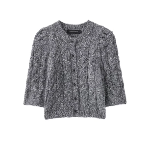 Women's Casual Round Neck Cable Knit Cardigan Marled Grey Single Breasted Long Sleeve Warm Knitted Sweater Top