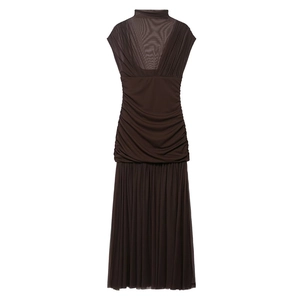 Slim fit dark brown high-neck sleeveless pleated midi dress with mesh detail