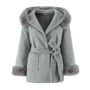 Women Hooded Faux Woolen Coat With Faux Fur Trim Belted Waist Solid Color Mid Length Long Sleeve Warm Winter Outerwear