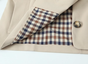 Detailed macro view of khaki trench coat showing classic plaid lining and marble button