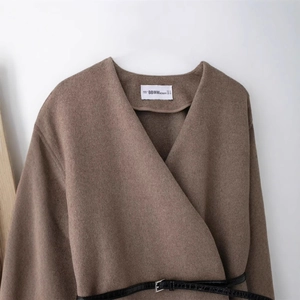 Women's autumn coffee brown wool coat with V-neck cross design and black belt detail