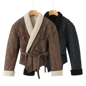 Giacca Donna in Finta Pelle Scamosciata Collo a Revers Vita Stringata Fodera in Lana d'Agnello Cappotto Invernale Caldo