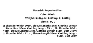 Detailed size chart for black faux fur PU jacket with S M L measurements and material info