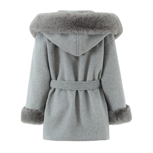 Rear view of grey hooded wool coat with luxury faux fur trim on hood and cuffs