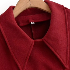Detail of burgundy wool coat showing sharp collar craft and size S inner tag