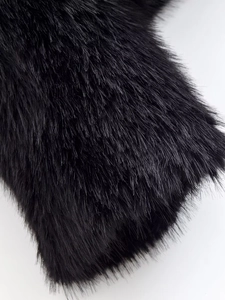 Close-up of premium black faux fur texture with dense long fibers and silky shine