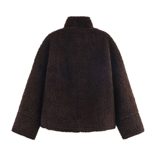 Women's autumn casual loose-fit faux fur jacket with stand collar and zipper in dark brown