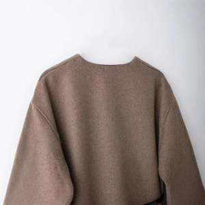 Brown wool-blend coat for women featuring a minimalist collarless design and drop shoulders