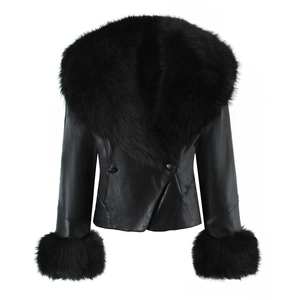 Detail of a black PU leather jacket featuring a plush faux fur collar and matching cuffs