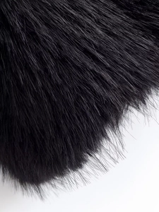 Macro shot showing high-density texture of black faux fur jacket with glossy finish