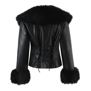 Detailed back view of a black PU jacket featuring lace-up design and faux fur collar
