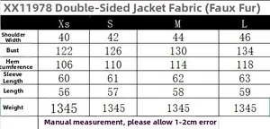 Size chart table for faux shearling biker jacket with precise garment measurements in cm