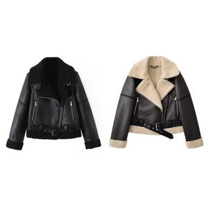 Women's Faux Shearling Aviator Jacket Biker Style PU Leather Lapel Coat With Adjustable Belt Thick Warm Outerwear