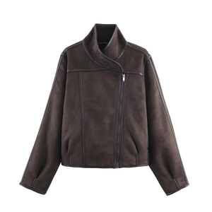Detail of dark brown faux suede motorcycle jacket with plush collar and PU leather piping