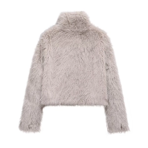 Back view of gray faux fur short coat with a high collar and fluffy texture