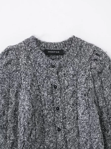 Close-up of grey textured knit cardigan with round neck and dark round buttons