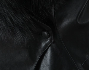 Detailed view of black PU jacket featuring a plush faux fur collar and matching button