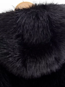 Detailed close-up showing the dense and silky texture of black faux fur on a winter jacket