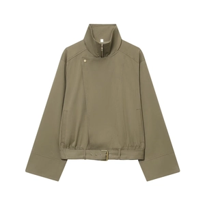 Giacca Utility Donna Casual in Cotone Collo Alto Manica Lunga Trench Verde Militare Giacca a Vento Corta Con Cintura Streetwear